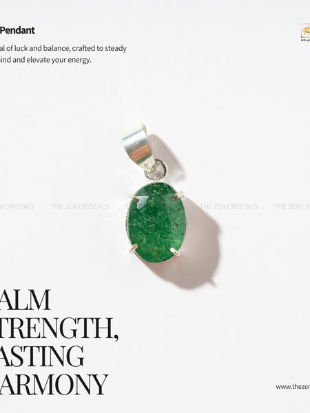 Green jade pendant on a white background with text about its properties.
