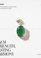 Green jade pendant on a white background with text about its properties.