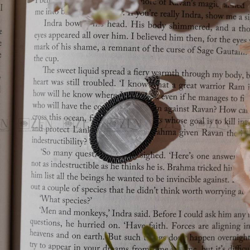 selenite oval pendant the zen crystals