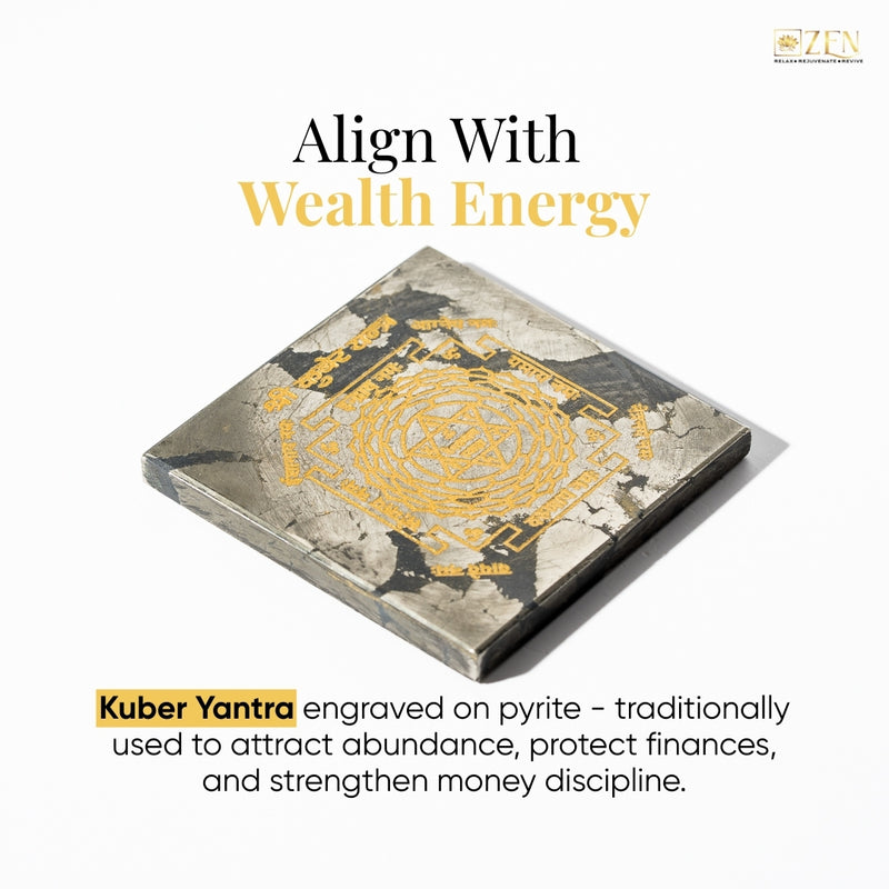 Kuber Yantra engraved on pyrite with text about aligning with wealth energy.