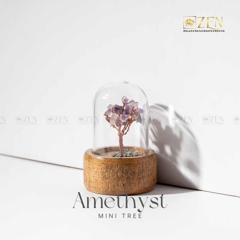 Amethyst mini tree in a glass dome on a white surface with 'Zen' brand logo.