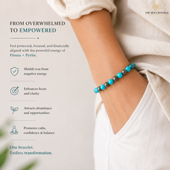 firoza and pyrite combination bracelet  worn on wrist with text about energy benefits and brand name 'The Zen Crystals'.