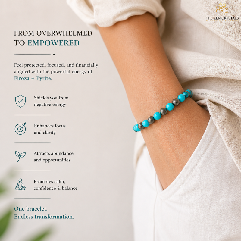 firoza and pyrite combination bracelet  worn on wrist with text about energy benefits and brand name 'The Zen Crystals'.