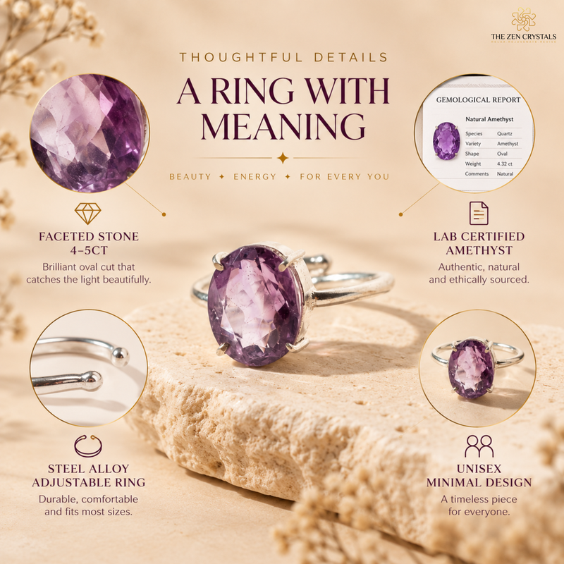 An informational product graphic for a ring with meaning, showing a central oval purple amethyst ring on a textured stone slab with callout circles and text detailing the faceted stone, adjustable steel ring, lab-certified amethyst, and minimalist design. The brand name 'The Zen Crystals' appears in the top right.