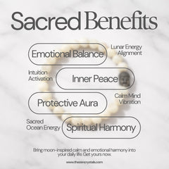 Advertisement for 'Sacred Benefits' with crystal benefits listed on a textured background