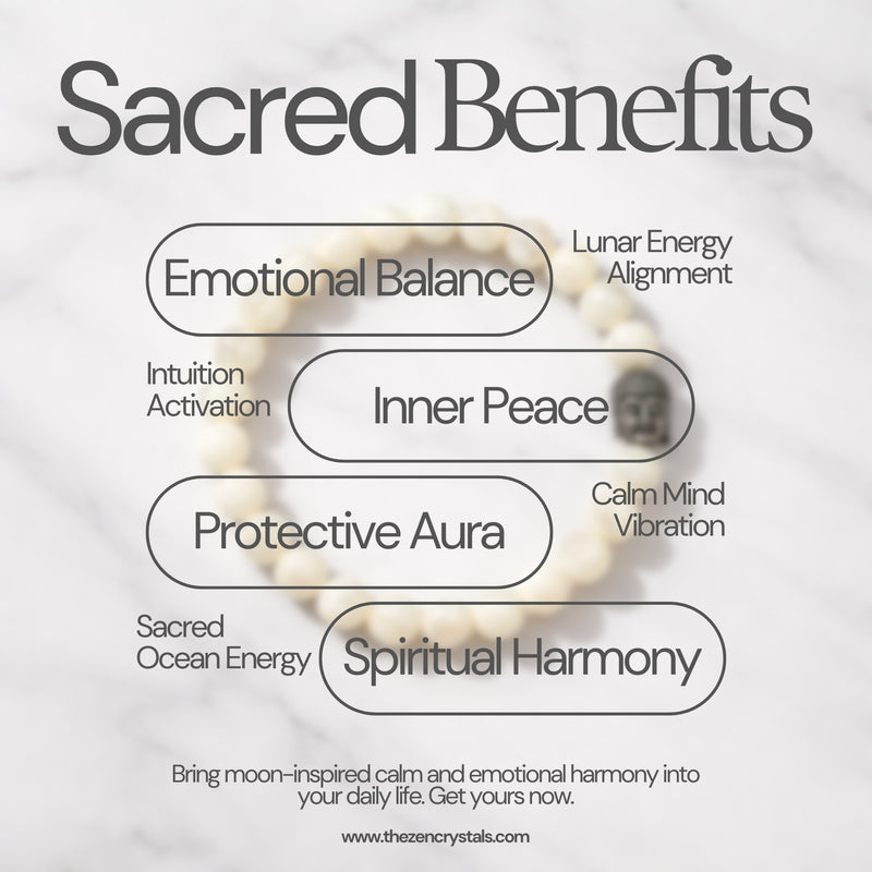 Advertisement for 'Sacred Benefits' with crystal benefits listed on a textured background