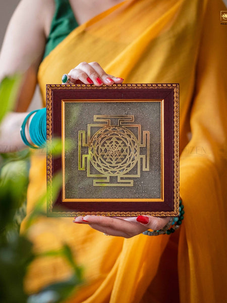 Shri Yantra Pyrite Frame with Golden Sacred Geometry on Pyrite Base for Wealth and Protection