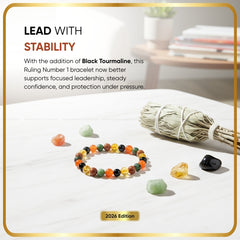 Ruling Number (मूलांक) 1 Bracelet with stones and a sage stick on a white surface, promotional text overlay.