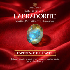 Labradorite stone on red fabric with text about its properties and brand.