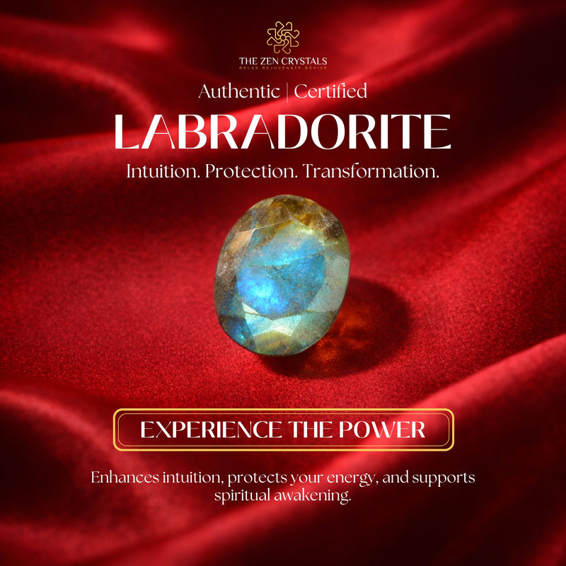 Labradorite stone on red fabric with text about its properties and brand.