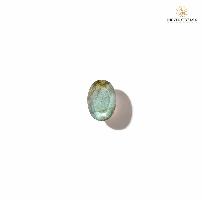 labradorite crystal on a white background with 'The Zen Crystals' logo.