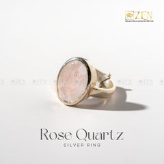 Rose Quartz silver ring on a white background with 'Zen' brand logo.