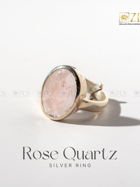 Rose Quartz silver ring on a white background with 'Zen' brand logo.