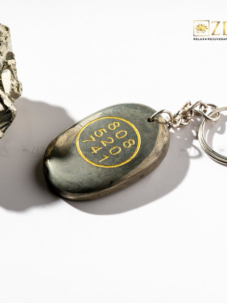Pyrite Abundance Coin Keychain with Engraved Zibu Symbol and Angel Numbers