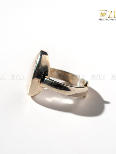 Side view of rose quartz Silver ring on a white background with 'Zen' brand logo.