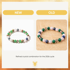 Two beaded bracelets on a gold and white background with text indicating 'NEW' and 'OLD'.