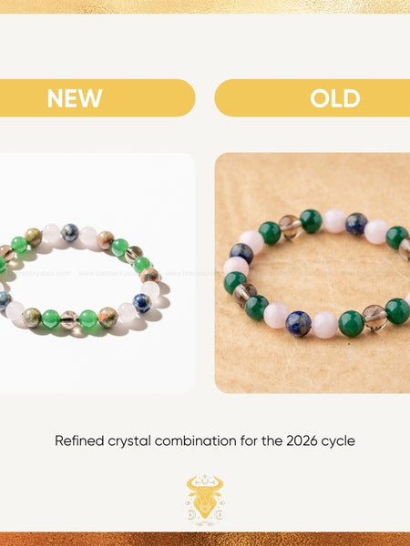 Two beaded bracelets on a gold and white background with text indicating 'NEW' and 'OLD'.