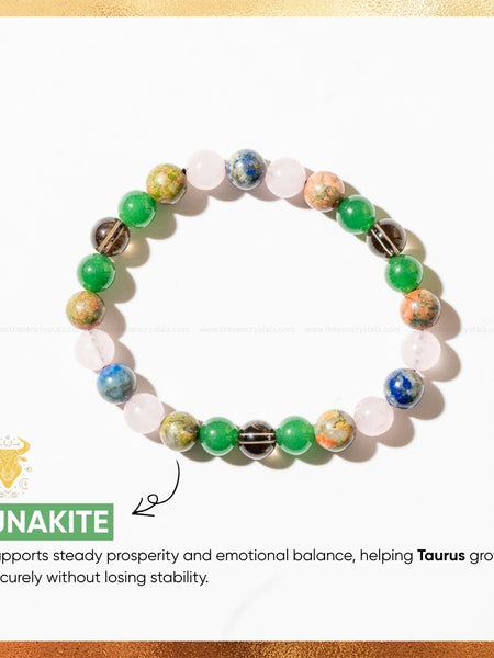 Unakite beaded bracelet with descriptive text on a white background