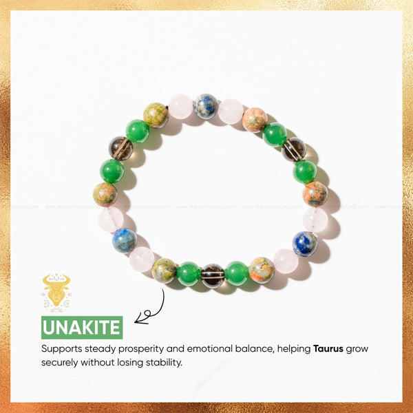 Unakite beaded bracelet with descriptive text on a white background