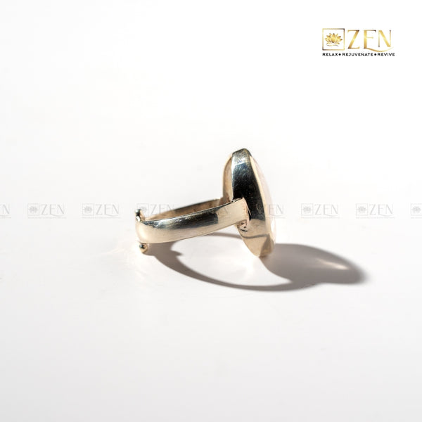 rose quartz silver ring with a side view on a white background with 'Zen' brand logo.