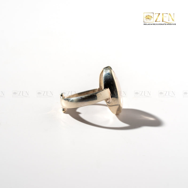 rose quartz silver ring with a side view on a white background with 'Zen' brand logo.