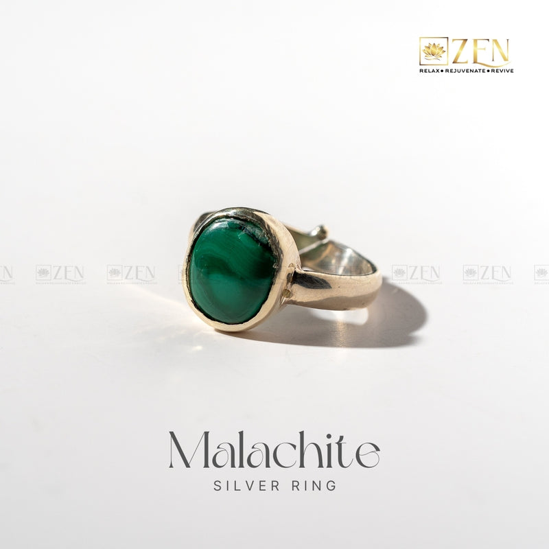Silver ring with Malachite gemstone on a white background, featuring the brand 'Zen'.