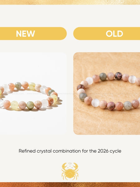 Two stone bracelets labeled 'New' and 'Old' on a gold and white background with text about a refined crystal combination for the 2026 cycle.