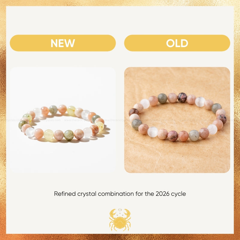 Two stone bracelets labeled 'New' and 'Old' on a gold and white background with text about a refined crystal combination for the 2026 cycle.