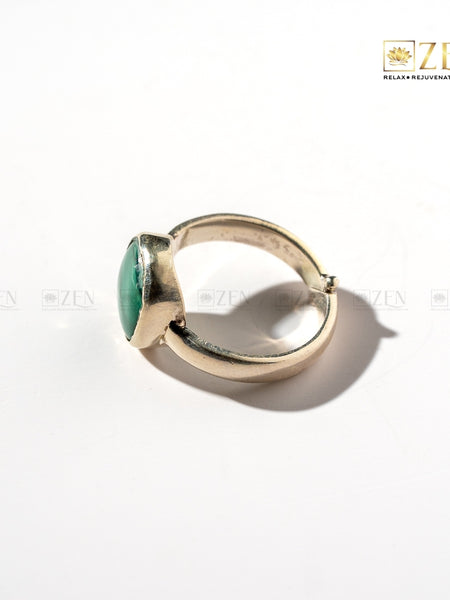 side view of Malachite Silver Ring on a white background, featuring the brand 'Zen'.