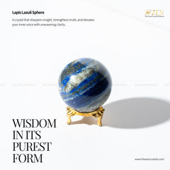 Lapis Lazuli sphere on a stand with text about its properties and benefits.