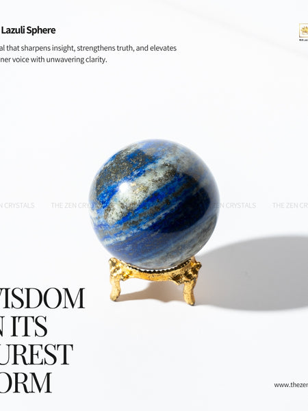 Lapis Lazuli sphere on a stand with text about its properties and benefits.