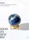 Lapis Lazuli sphere on a stand with text about its properties and benefits.