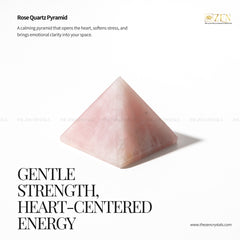Rose Quartz Pyramid with text about its properties and brand 'Zen' on a white background