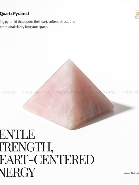 Rose Quartz Pyramid with text about its properties and brand 'Zen' on a white background