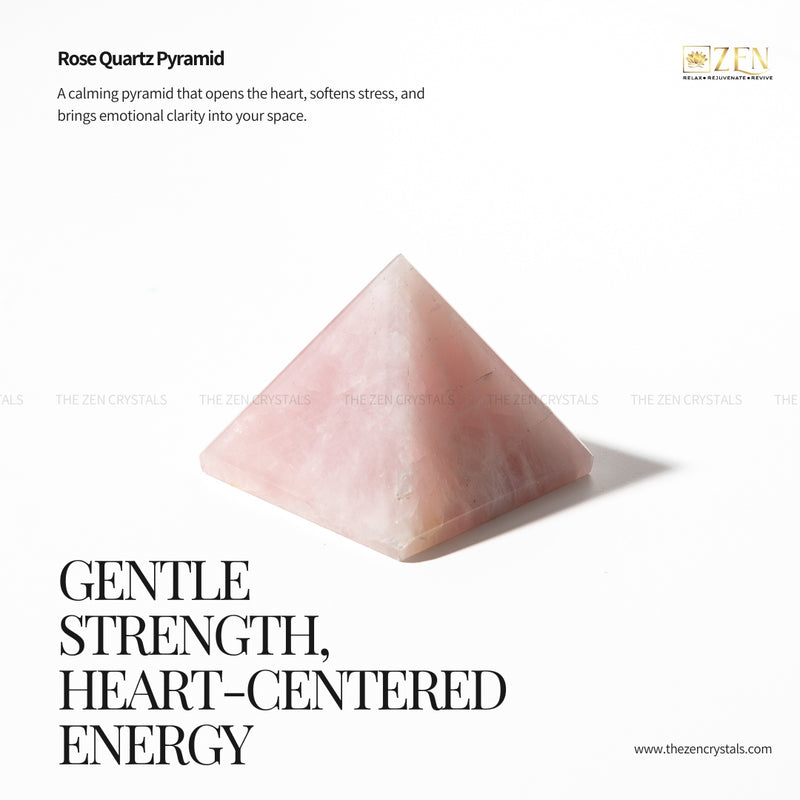 Rose Quartz Pyramid with text about its properties and brand 'Zen' on a white background