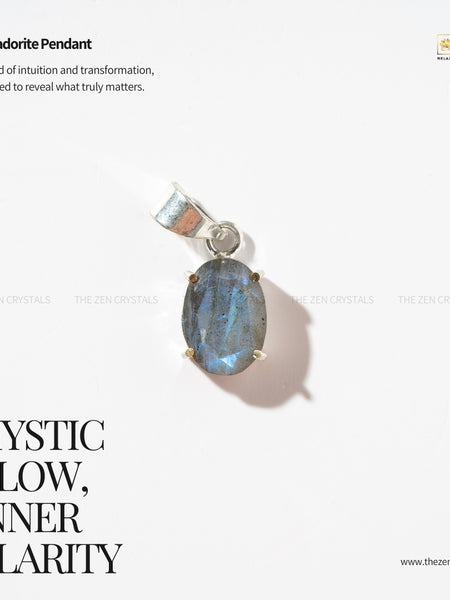 Labradorite pendant with text about its properties on a white background