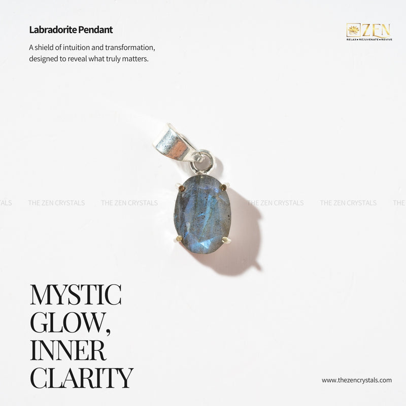 Labradorite pendant with text about its properties on a white background