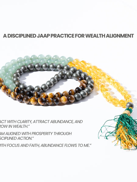 Money Magnet Mala beads with a tassel on a white background, featuring text about a disciplined Jaap practice for wealth alignment.