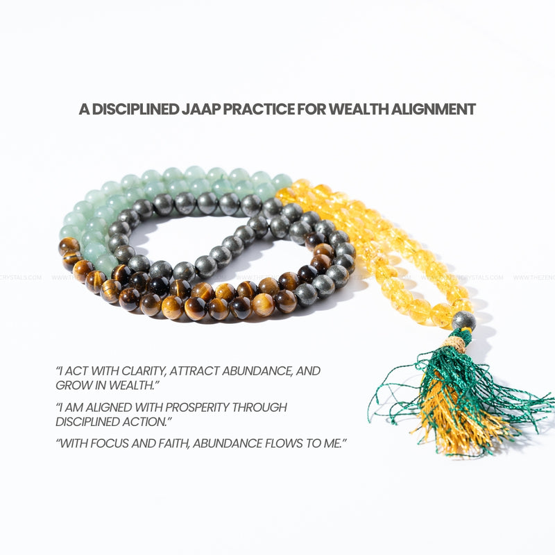 Money Magnet Mala beads with a tassel on a white background, featuring text about a disciplined Jaap practice for wealth alignment.