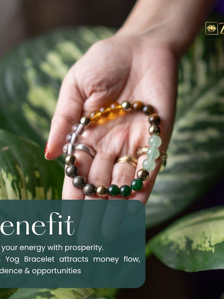Hand wearing a Dhan Yog Bracelet with text about its benefits against a leafy background