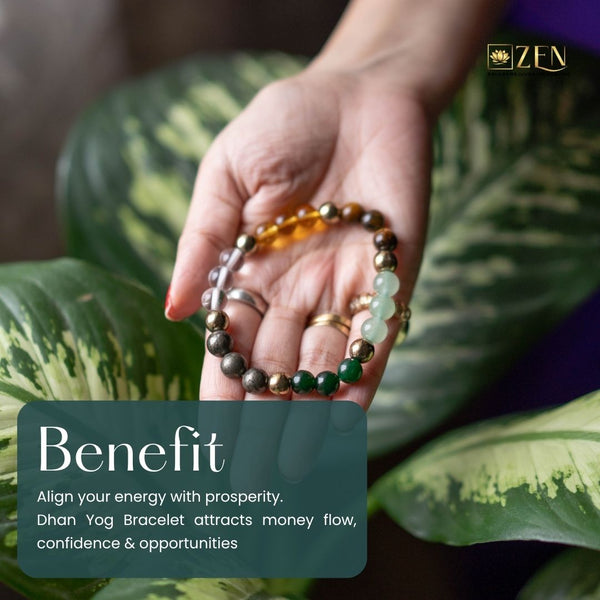 Hand wearing a Dhan Yog Bracelet with text about its benefits against a leafy background