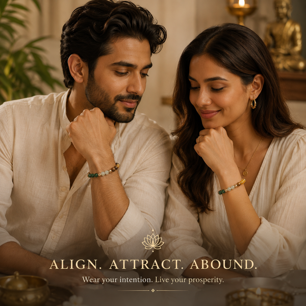 Man and woman sitting together wearing the dhan yog bracelet