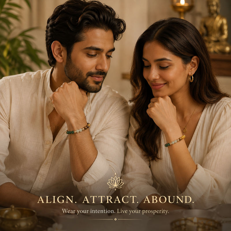 Man and woman sitting together wearing the dhan yog bracelet