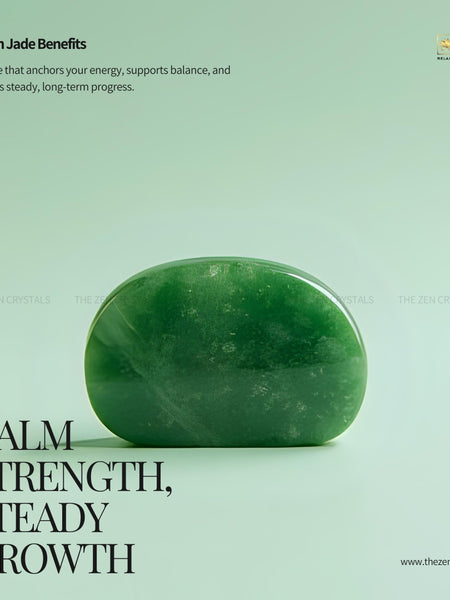 Green jade stone on a light green background with text about its benefits.