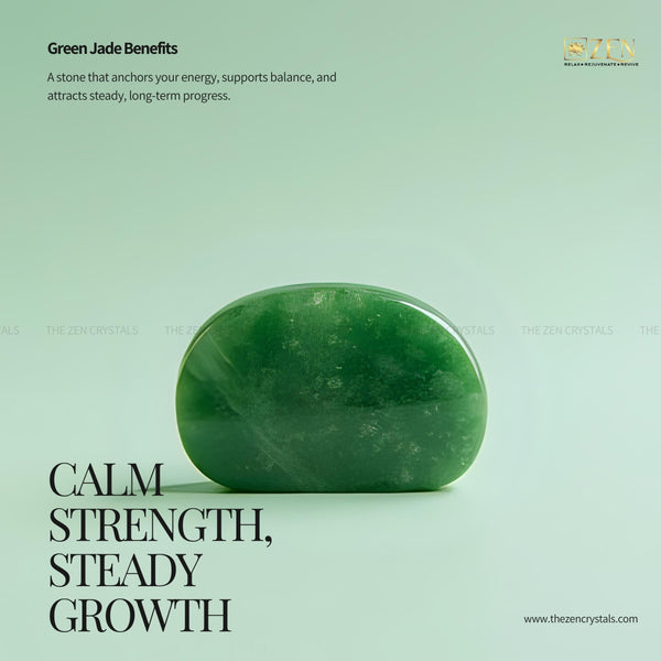 Green jade stone on a light green background with text about its benefits.