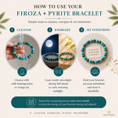 Instructions on how to use a Firoza + Pyrite bracelet with steps for cleansing, energizing, and setting intentions.