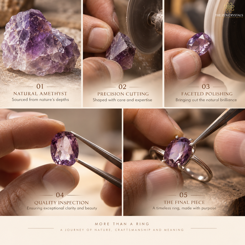 Five-panel collage showing the journey of a natural amethyst ring: raw amethyst stone, precision cutting, faceted polishing, quality inspection with tweezers, and the final ring on a band. Text labels each step, and the brand name The Zen Crystals appears in the top right.