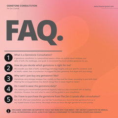 FAQ section about gemstone consultations from The Zen Crystals on a pink and orange gradient background.