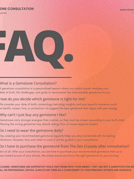 FAQ section about gemstone consultations from The Zen Crystals on a pink and orange gradient background.