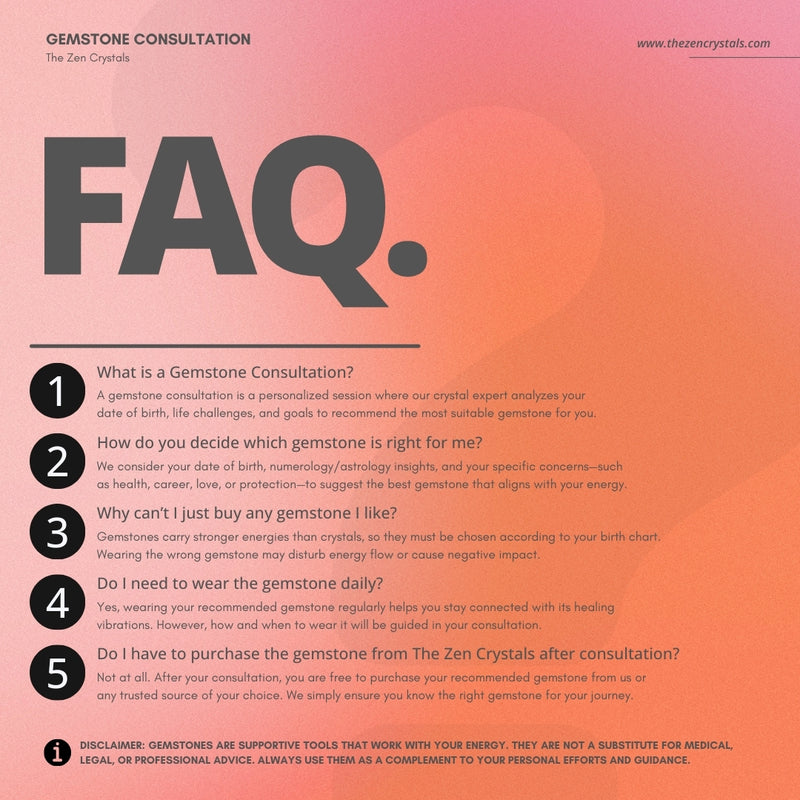 FAQ section about gemstone consultations from The Zen Crystals on a pink and orange gradient background.